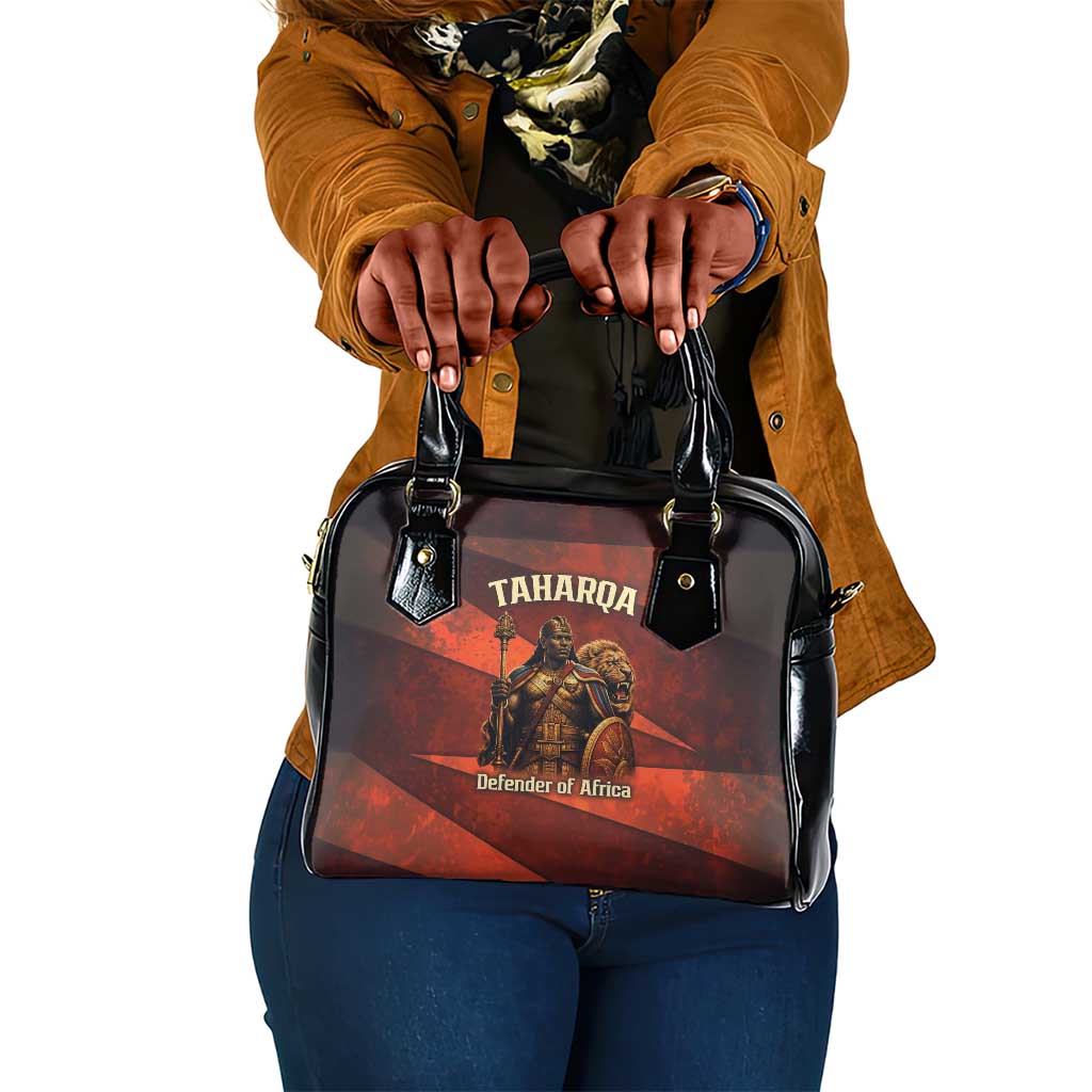 Taharqa Shoulder Handbag with Warrior Portrait, Lion of Kush Title and Bold Red Defender of Africa - African Pride