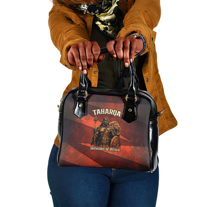 Taharqa Shoulder Handbag with Warrior Portrait, Lion of Kush Title and Bold Red Defender of Africa - African Pride