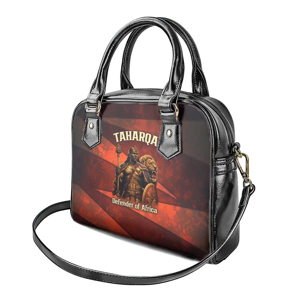 Taharqa Shoulder Handbag with Warrior Portrait, Lion of Kush Title and Bold Red Defender of Africa - African Pride