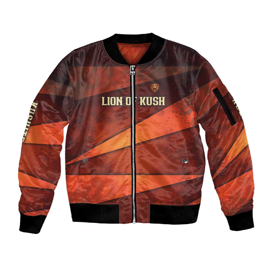 Taharqa Sleeve Zip Bomber Jacket with Warrior Portrait, Lion of Kush Title and Bold Red Defender of Africa - African Pride