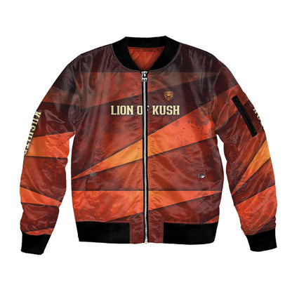 Taharqa Sleeve Zip Bomber Jacket with Warrior Portrait, Lion of Kush Title and Bold Red Defender of Africa - African Pride