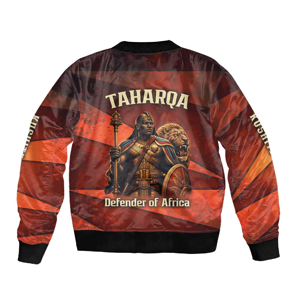 Taharqa Sleeve Zip Bomber Jacket with Warrior Portrait, Lion of Kush Title and Bold Red Defender of Africa - African Pride