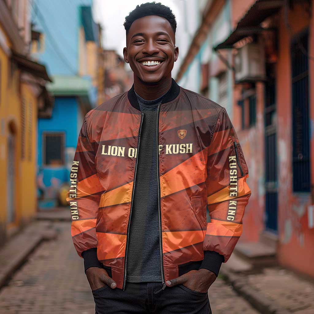 Taharqa Sleeve Zip Bomber Jacket with Warrior Portrait, Lion of Kush Title and Bold Red Defender of Africa - African Pride