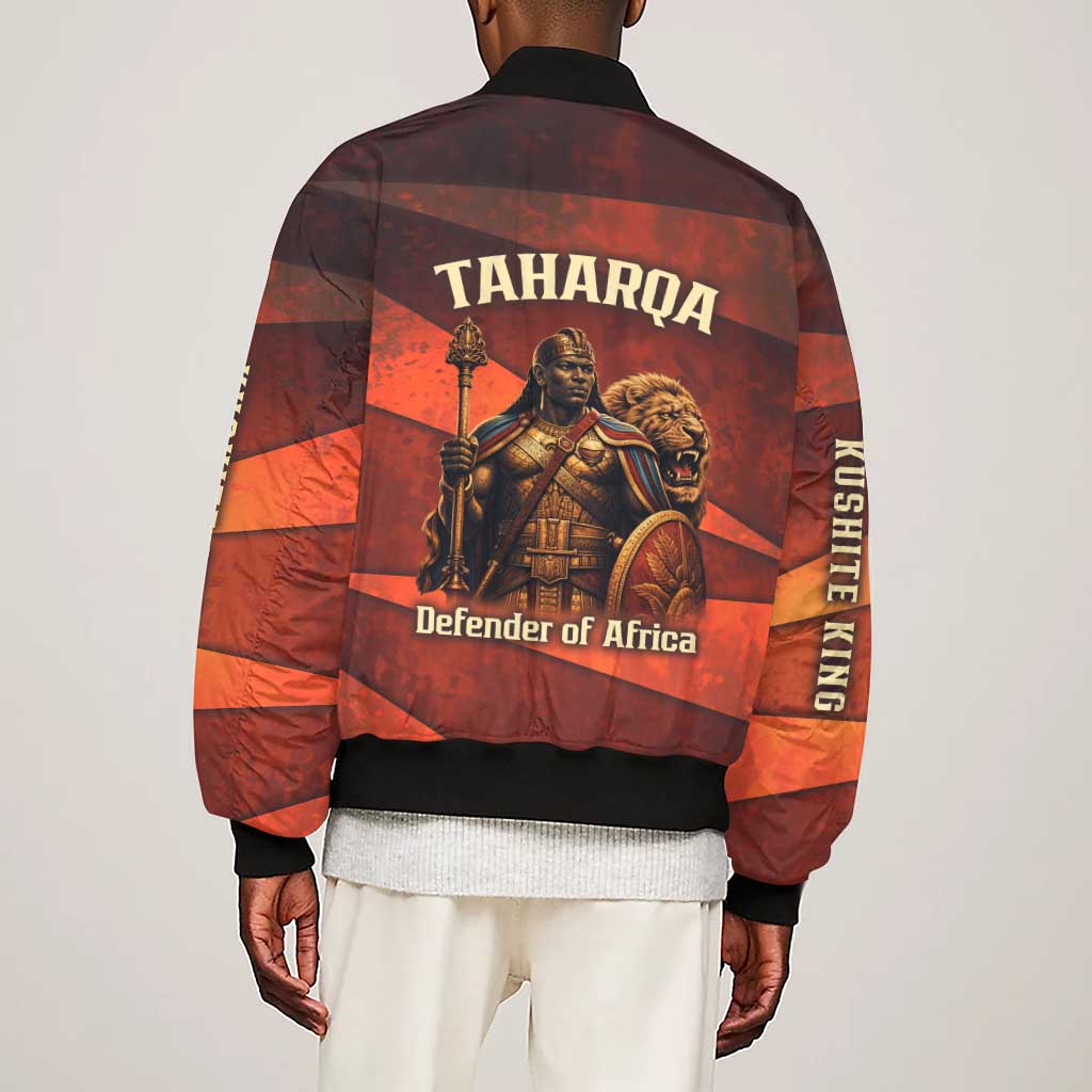 Taharqa Sleeve Zip Bomber Jacket with Warrior Portrait, Lion of Kush Title and Bold Red Defender of Africa - African Pride