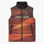 Taharqa Sleeveless Puffer Jacket with Warrior Portrait, Lion of Kush Title and Bold Red Defender of Africa - African Pride