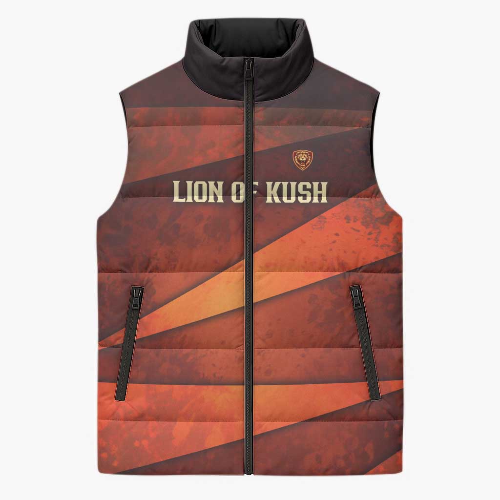 Taharqa Sleeveless Puffer Jacket with Warrior Portrait, Lion of Kush Title and Bold Red Defender of Africa - African Pride