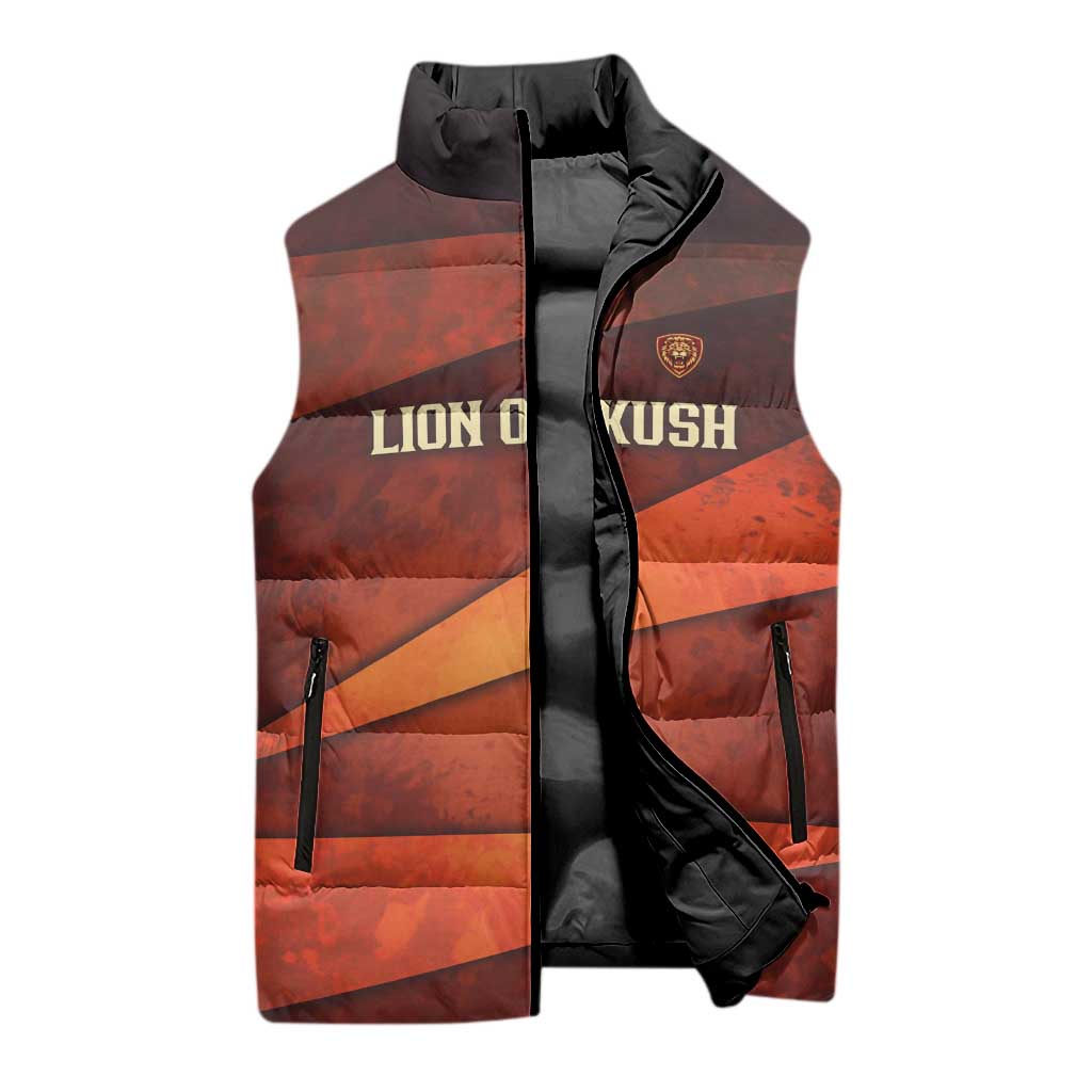 Taharqa Sleeveless Puffer Jacket with Warrior Portrait, Lion of Kush Title and Bold Red Defender of Africa - African Pride