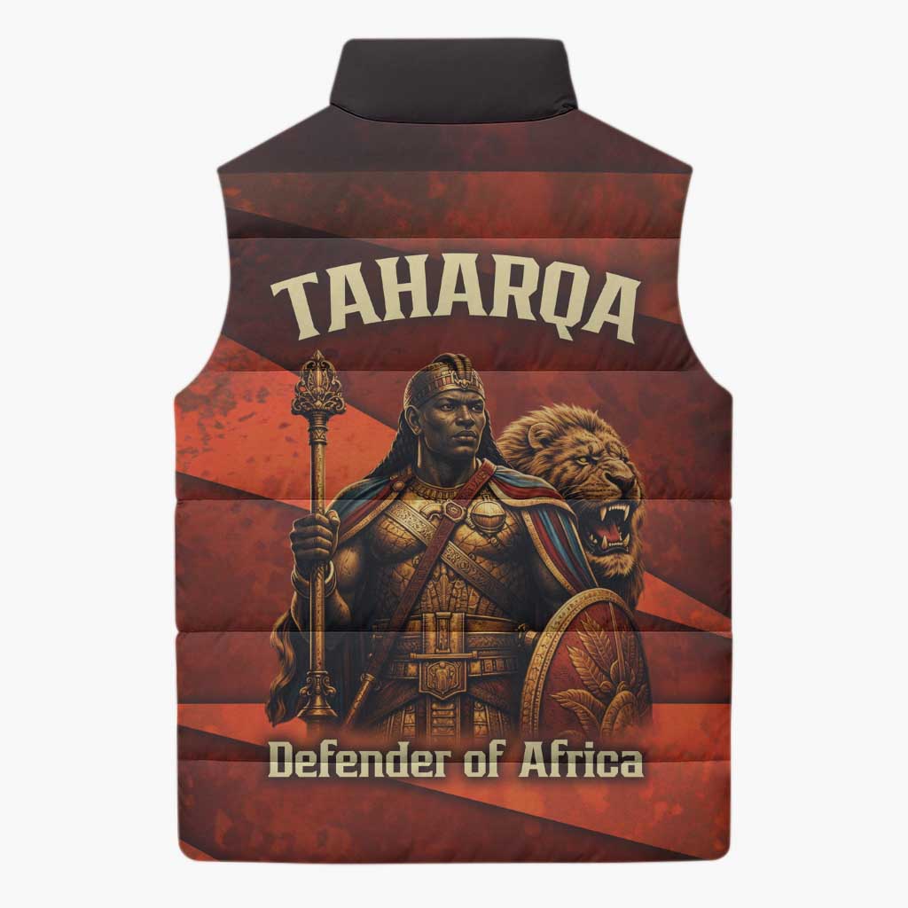 Taharqa Sleeveless Puffer Jacket with Warrior Portrait, Lion of Kush Title and Bold Red Defender of Africa - African Pride