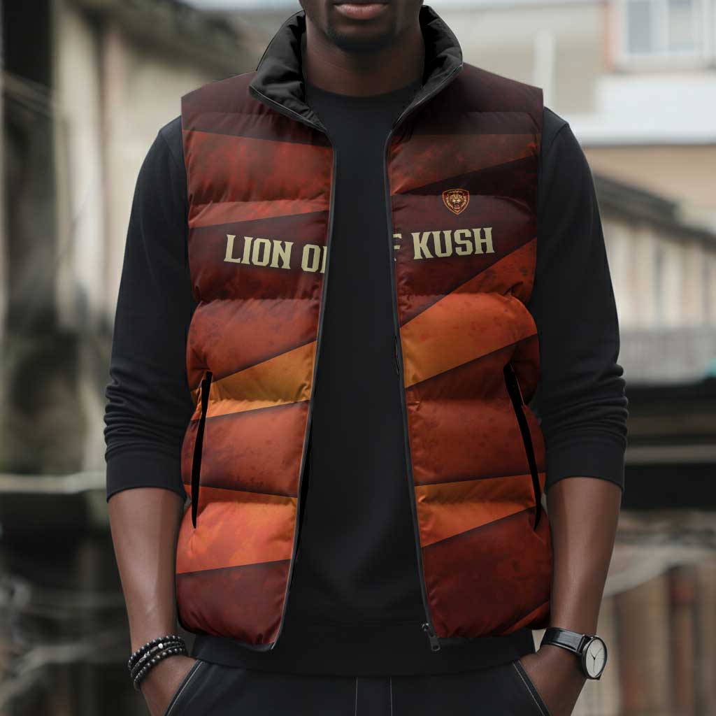 Taharqa Sleeveless Puffer Jacket with Warrior Portrait, Lion of Kush Title and Bold Red Defender of Africa - African Pride