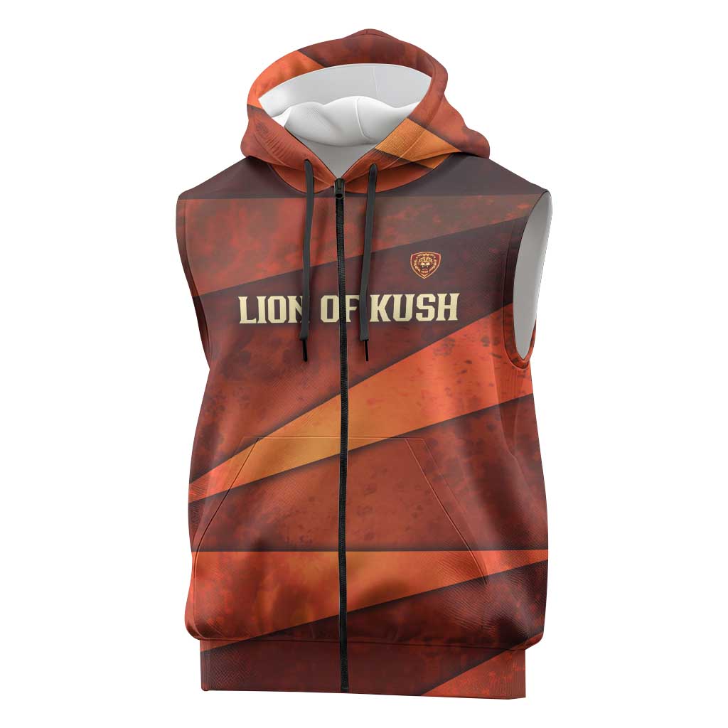 Taharqa Sleeveless Zip Hoodie with Warrior Portrait, Lion of Kush Title and Bold Red Defender of Africa - African Pride