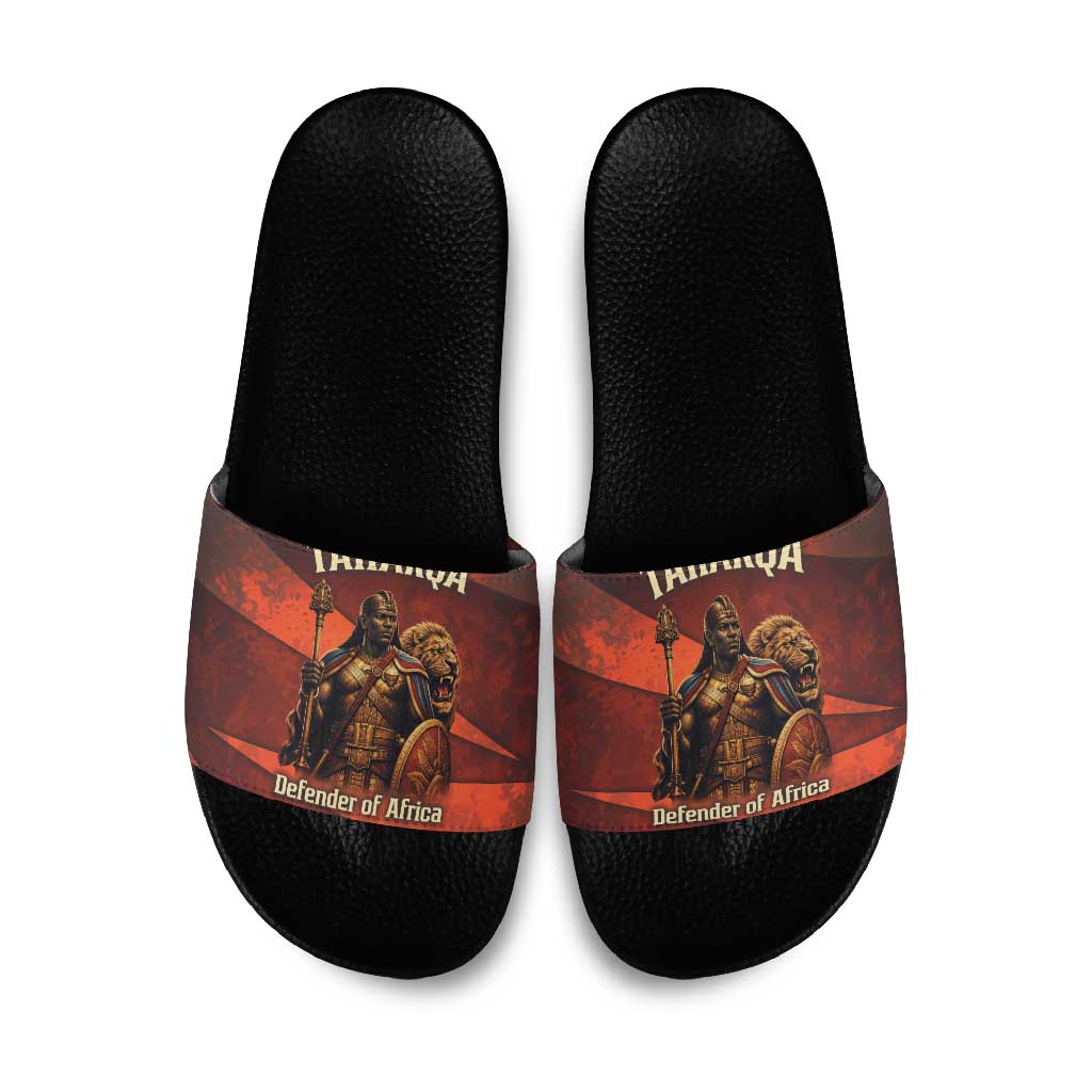Taharqa Slide Sandals with Warrior Portrait, Lion of Kush Title and Bold Red Defender of Africa - African Pride