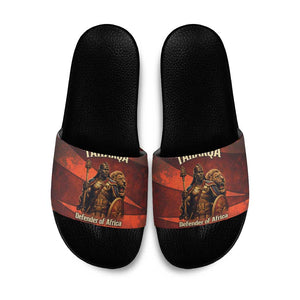Taharqa Slide Sandals with Warrior Portrait, Lion of Kush Title and Bold Red Defender of Africa - African Pride