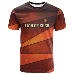 Taharqa T shirt with Warrior Portrait, Lion of Kush Title and Bold Red Defender of Africa - African Pride
