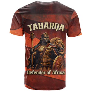 Taharqa T shirt with Warrior Portrait, Lion of Kush Title and Bold Red Defender of Africa - African Pride