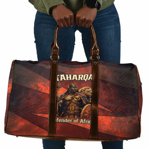 Taharqa Travel Bag with Warrior Portrait, Lion of Kush Title and Bold Red Defender of Africa - African Pride
