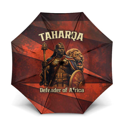 Taharqa Umbrella with Warrior Portrait, Lion of Kush Title and Bold Red Defender of Africa - African Pride
