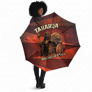 Taharqa Umbrella with Warrior Portrait, Lion of Kush Title and Bold Red Defender of Africa - African Pride