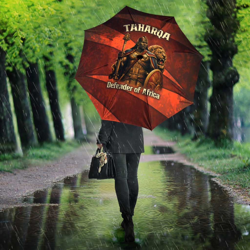 Taharqa Umbrella with Warrior Portrait, Lion of Kush Title and Bold Red Defender of Africa - African Pride