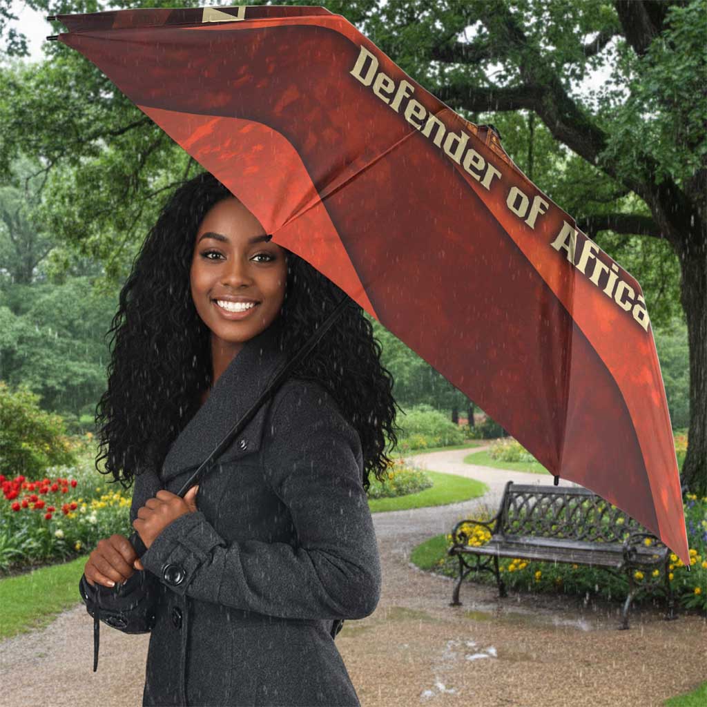 Taharqa Umbrella with Warrior Portrait, Lion of Kush Title and Bold Red Defender of Africa - African Pride