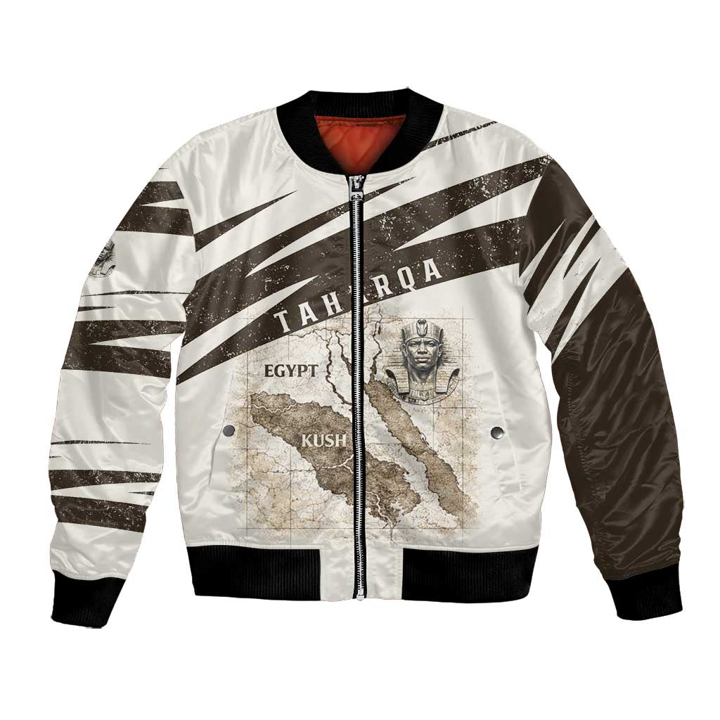 Taharqa Bomber Jacket with Ancient Map Illustration, King of Two Lands Title and Kush Egypt Temple - African Pride