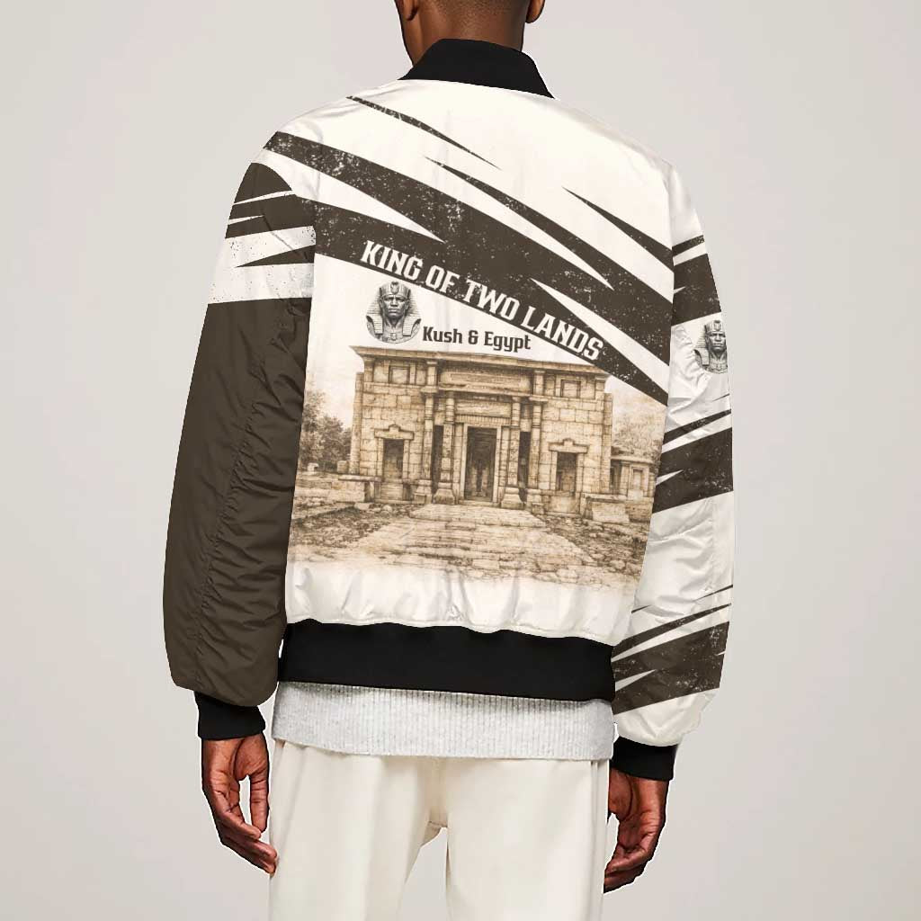 Taharqa Bomber Jacket with Ancient Map Illustration, King of Two Lands Title and Kush Egypt Temple - African Pride