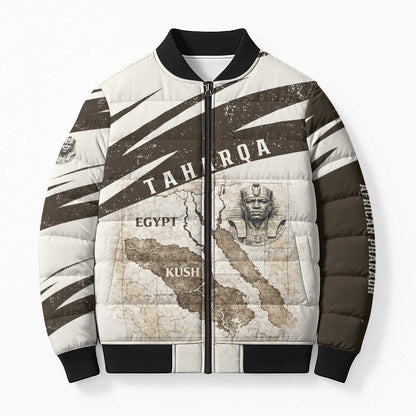 Taharqa Bomber Puffer Jacket with Ancient Map Illustration, King of Two Lands Title and Kush Egypt Temple - African Pride