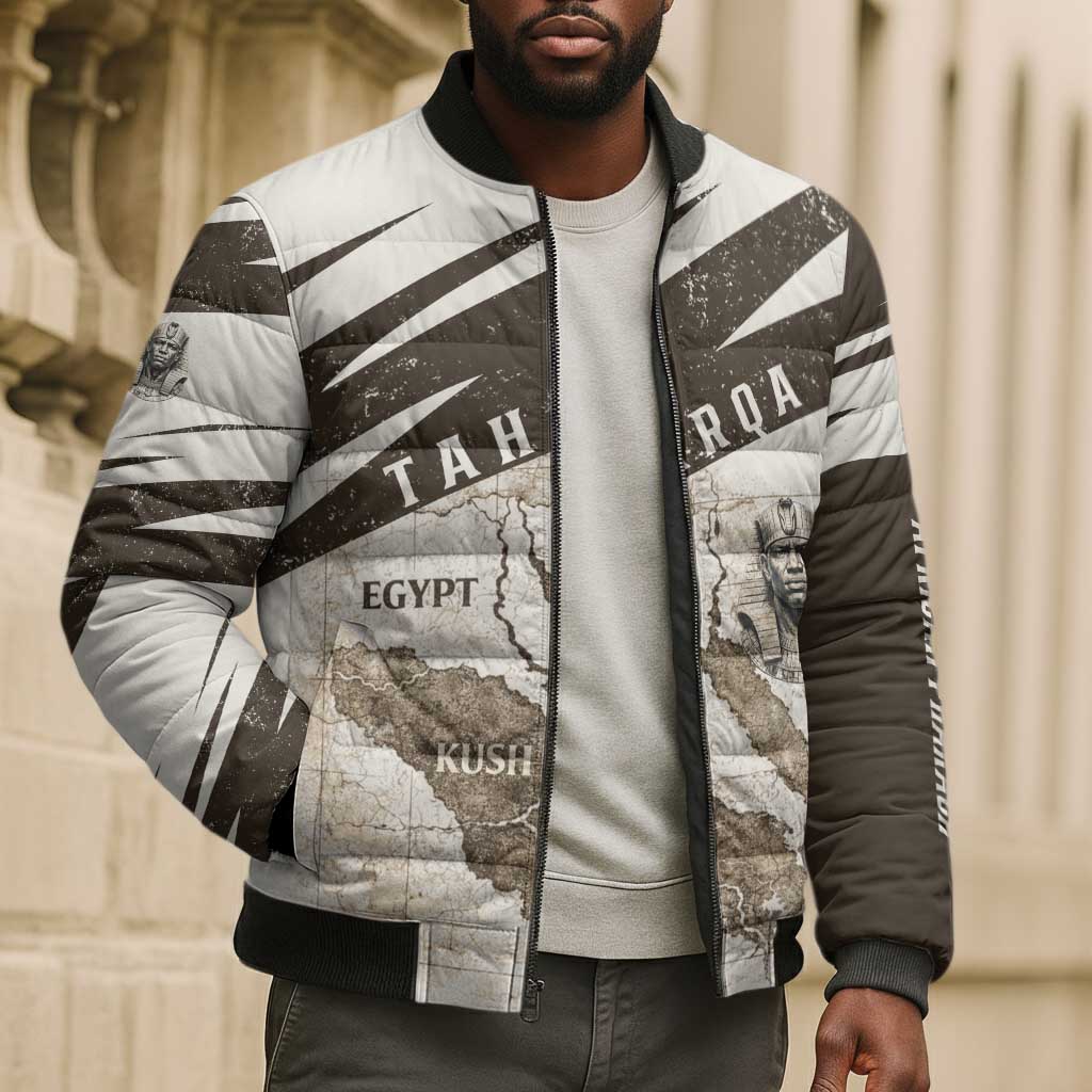 Taharqa Bomber Puffer Jacket with Ancient Map Illustration, King of Two Lands Title and Kush Egypt Temple - African Pride