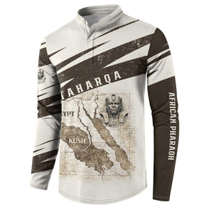 Taharqa Button Sweatshirt with Ancient Map Illustration, King of Two Lands Title and Kush Egypt Temple