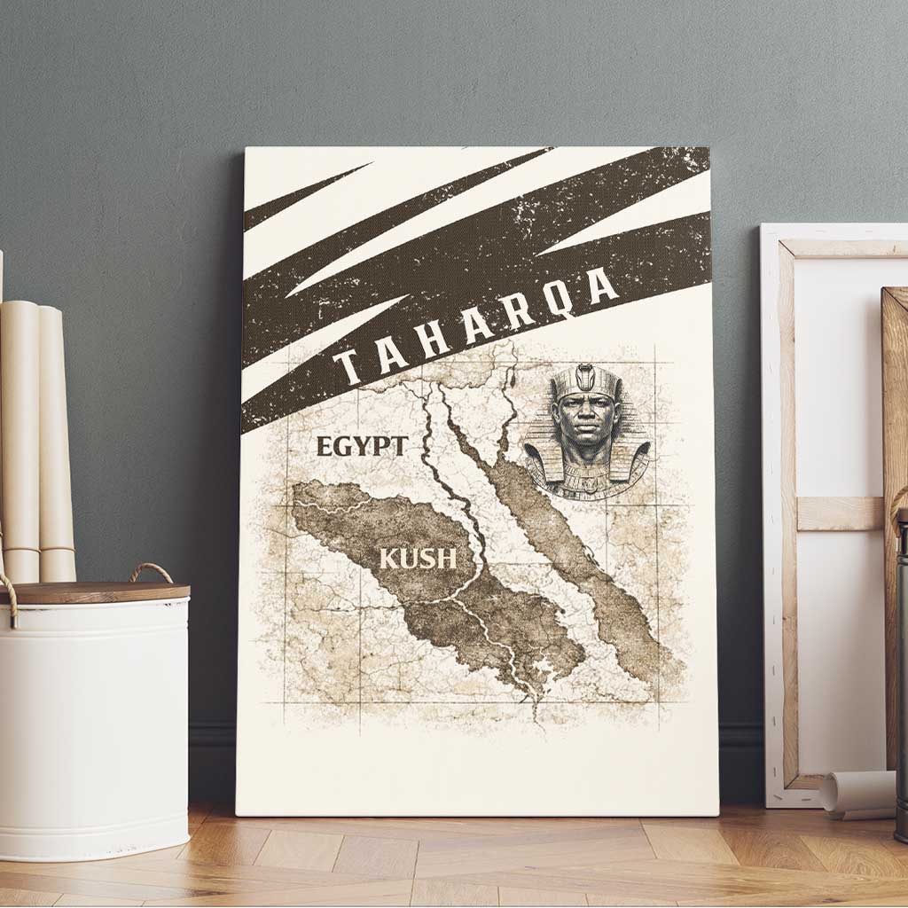 Taharqa Canvas Wall Art with Ancient Map Illustration, King of Two Lands Title and Kush Egypt Temple - African Pride