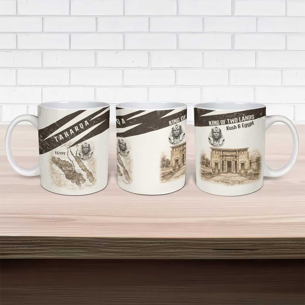 Taharqa Ceramic Mug with Ancient Map Illustration, King of Two Lands Title and Kush Egypt Temple - African Pride