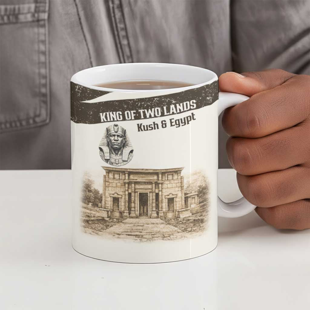 Taharqa Ceramic Mug with Ancient Map Illustration, King of Two Lands Title and Kush Egypt Temple - African Pride