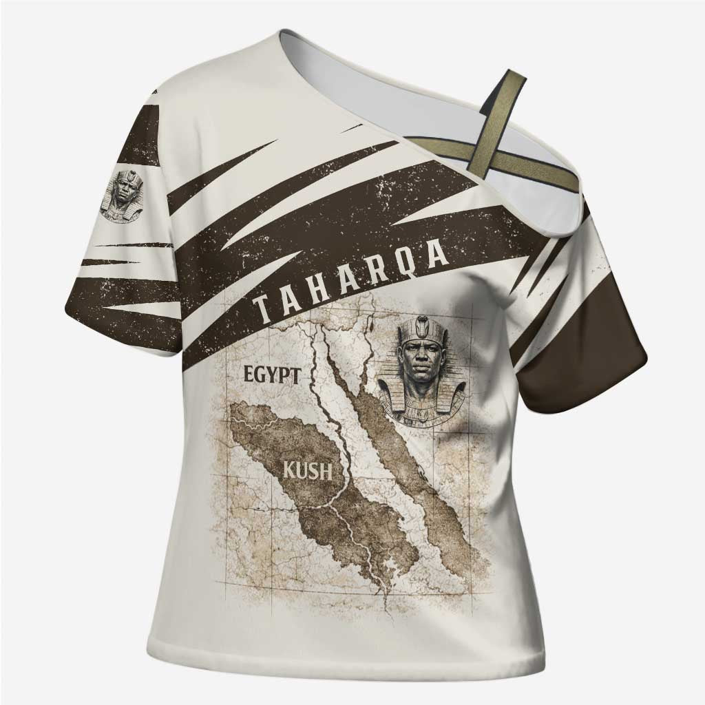 Taharqa Cross Shoulder Shirt with Ancient Map Illustration, King of Two Lands Title and Kush Egypt Temple - African Pride