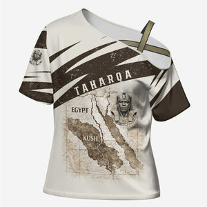 Taharqa Cross Shoulder Shirt with Ancient Map Illustration, King of Two Lands Title and Kush Egypt Temple - African Pride