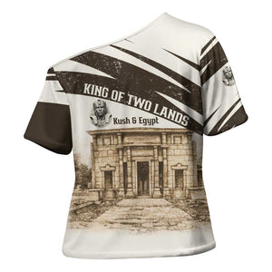 Taharqa Cross Shoulder Shirt with Ancient Map Illustration, King of Two Lands Title and Kush Egypt Temple - African Pride