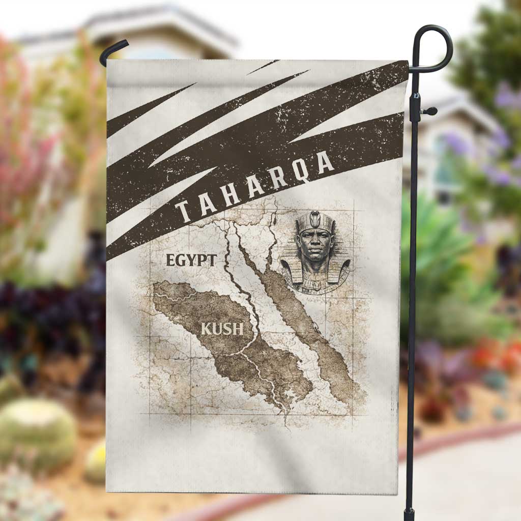 Taharqa Garden Flag with Ancient Map Illustration, King of Two Lands Title and Kush Egypt Temple - African Pride