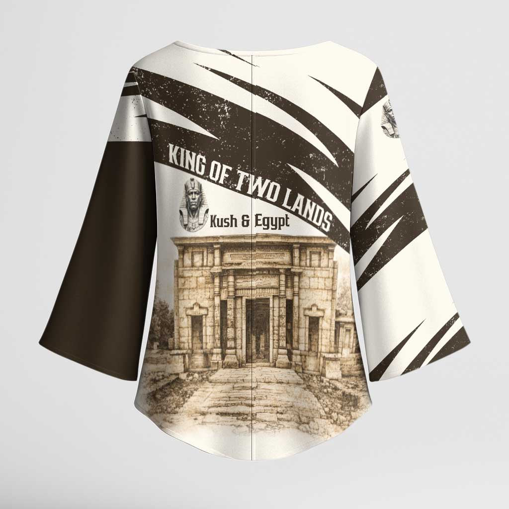 Taharqa Kimono Sleeve Blouse with Ancient Map Illustration, King of Two Lands Title and Kush Egypt Temple - African Pride