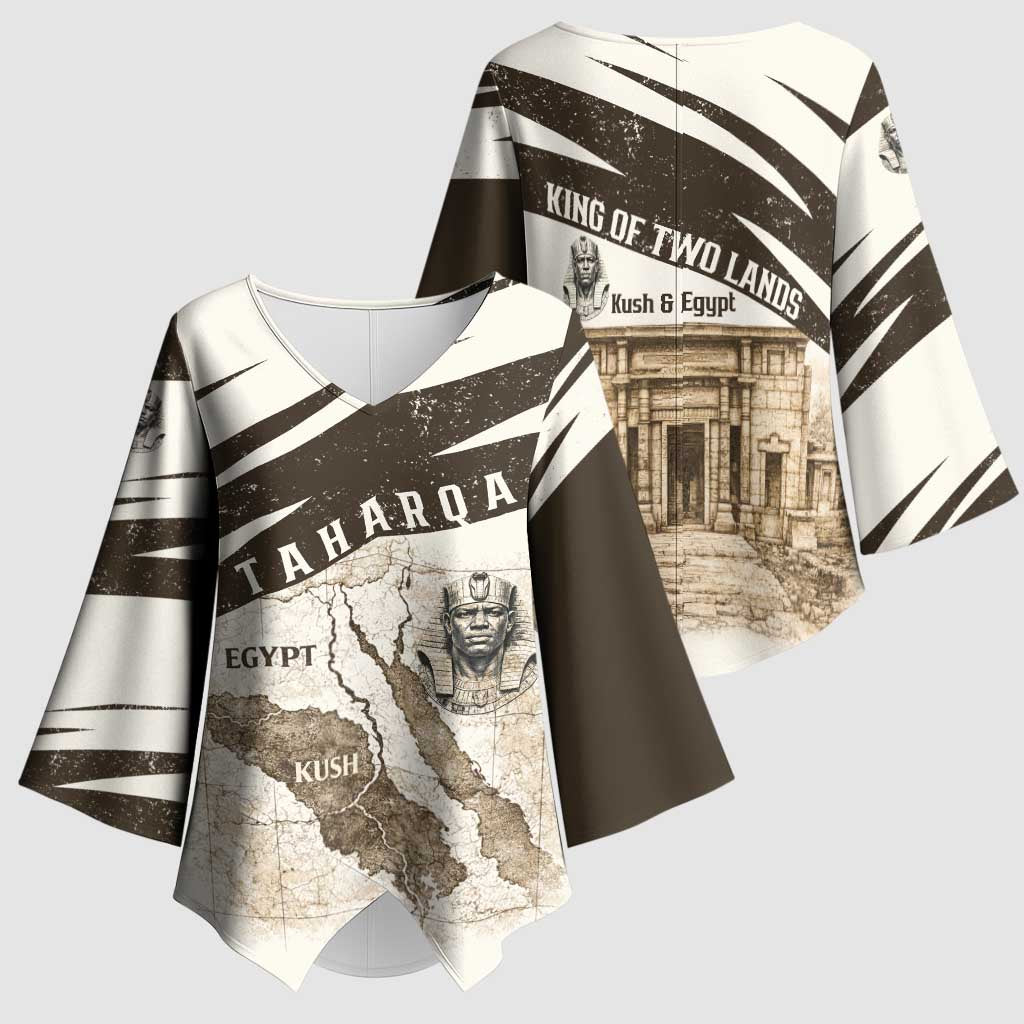 Taharqa Kimono Sleeve Blouse with Ancient Map Illustration, King of Two Lands Title and Kush Egypt Temple - African Pride
