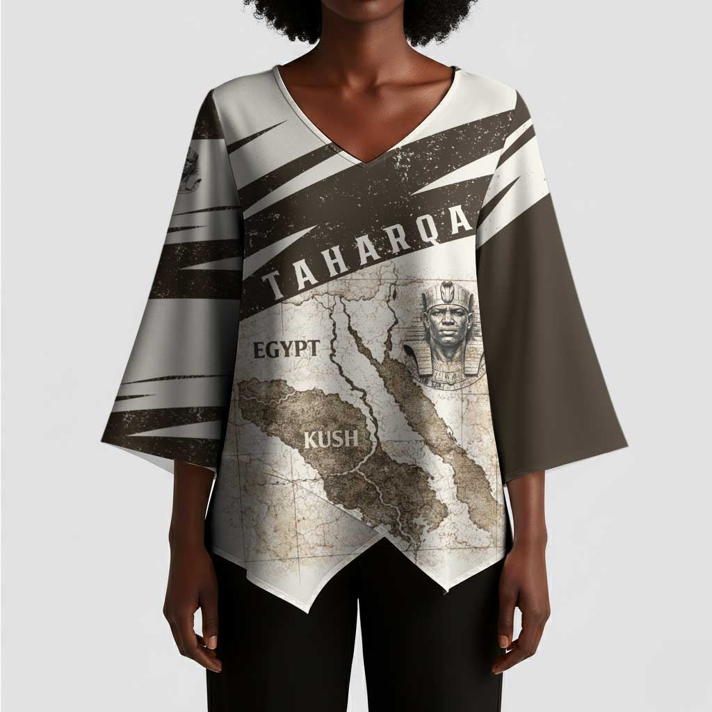 Taharqa Kimono Sleeve Blouse with Ancient Map Illustration, King of Two Lands Title and Kush Egypt Temple - African Pride