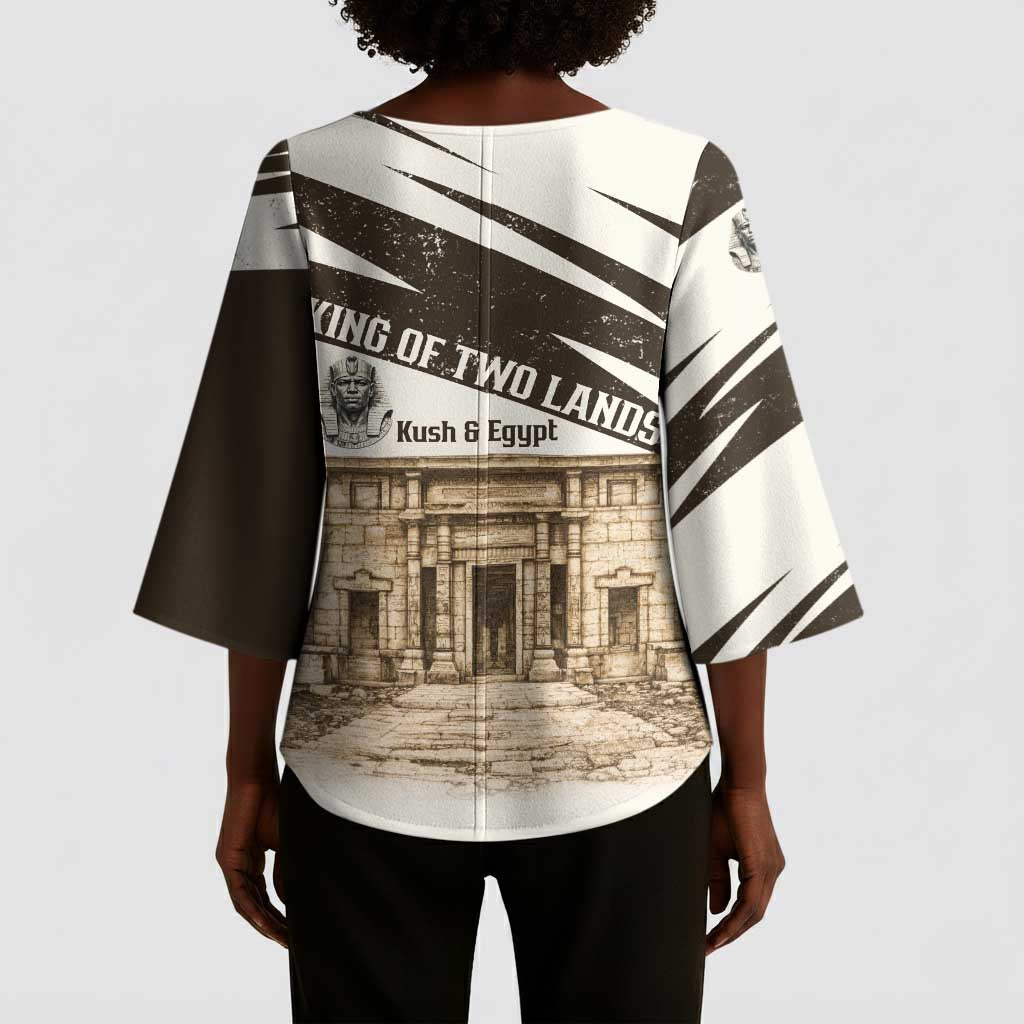 Taharqa Kimono Sleeve Blouse with Ancient Map Illustration, King of Two Lands Title and Kush Egypt Temple - African Pride
