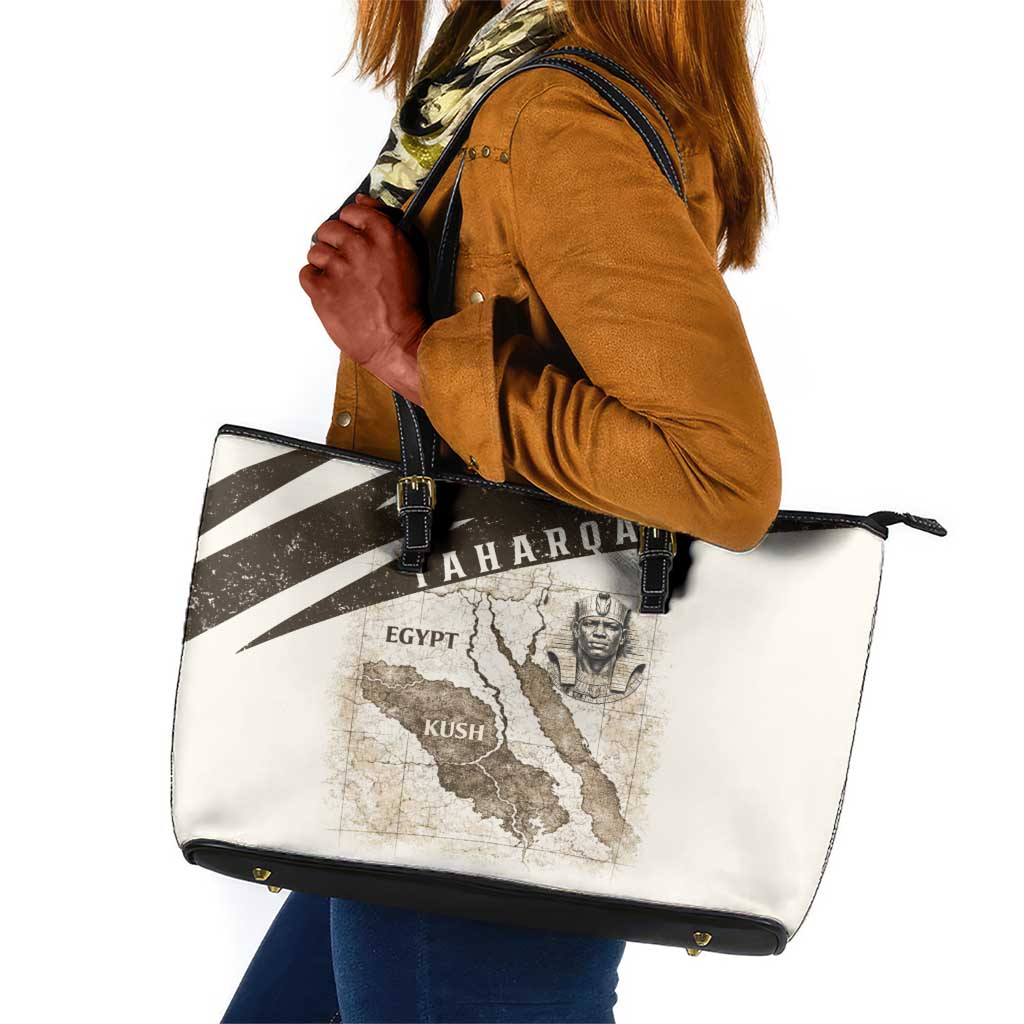 Taharqa Leather Tote Bag with Ancient Map Illustration, King of Two Lands Title and Kush Egypt Temple - African Pride