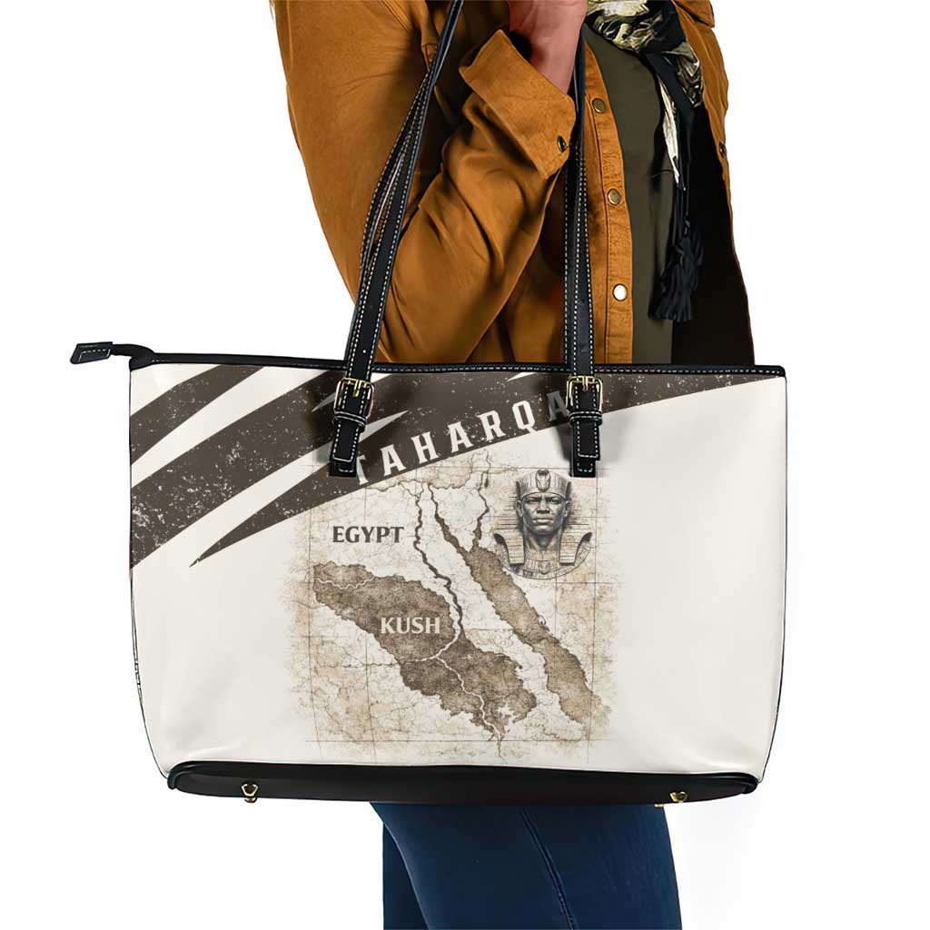 Taharqa Leather Tote Bag with Ancient Map Illustration, King of Two Lands Title and Kush Egypt Temple - African Pride