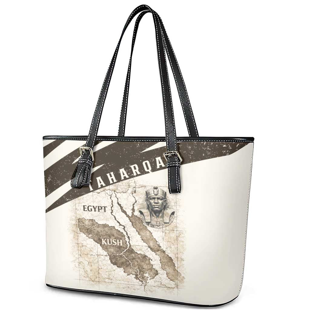 Taharqa Leather Tote Bag with Ancient Map Illustration, King of Two Lands Title and Kush Egypt Temple - African Pride