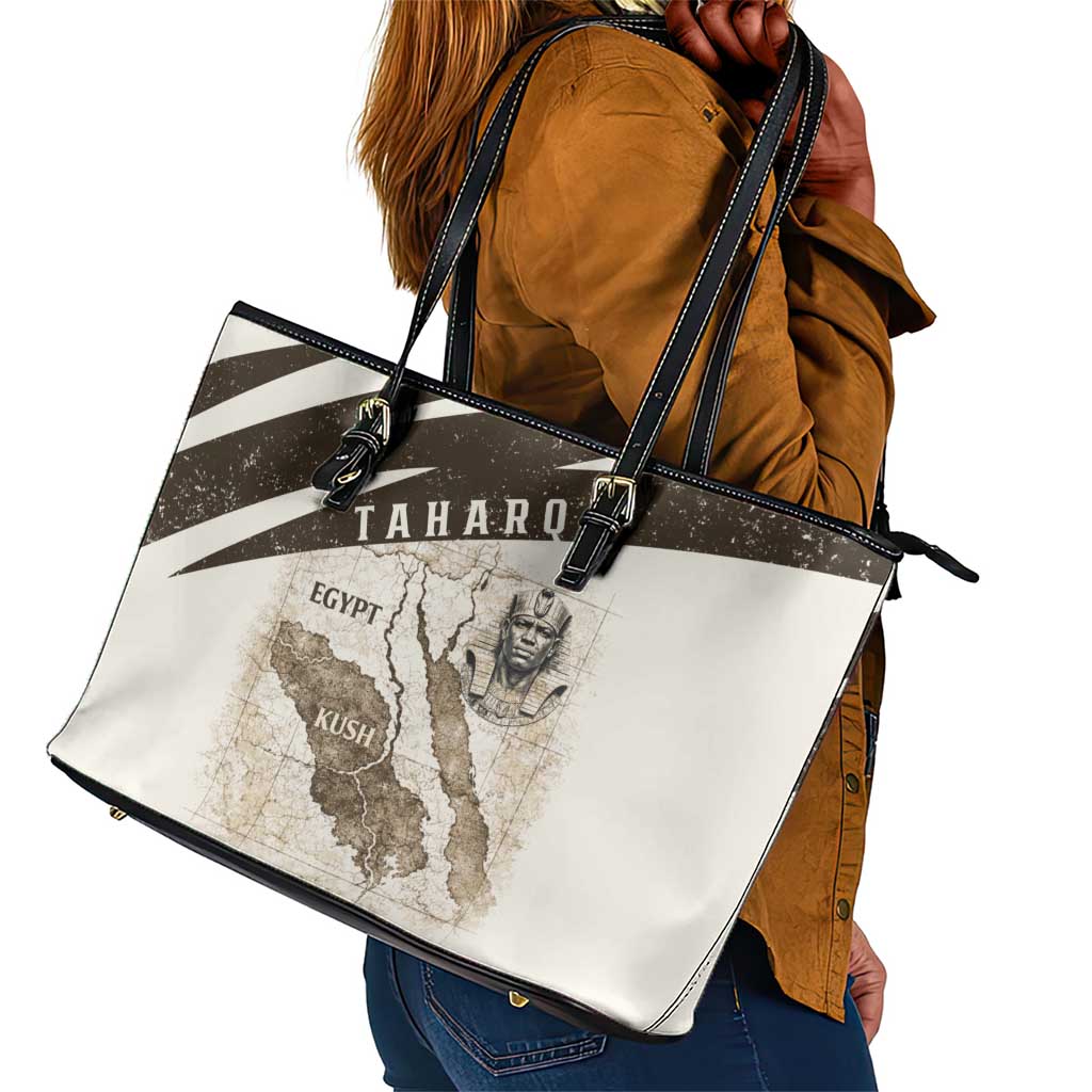 Taharqa Leather Tote Bag with Ancient Map Illustration, King of Two Lands Title and Kush Egypt Temple - African Pride