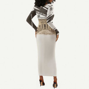 Taharqa Long Sleeve Bodycon Dress with Ancient Map Illustration, King of Two Lands Title and Kush Egypt Temple - African Pride