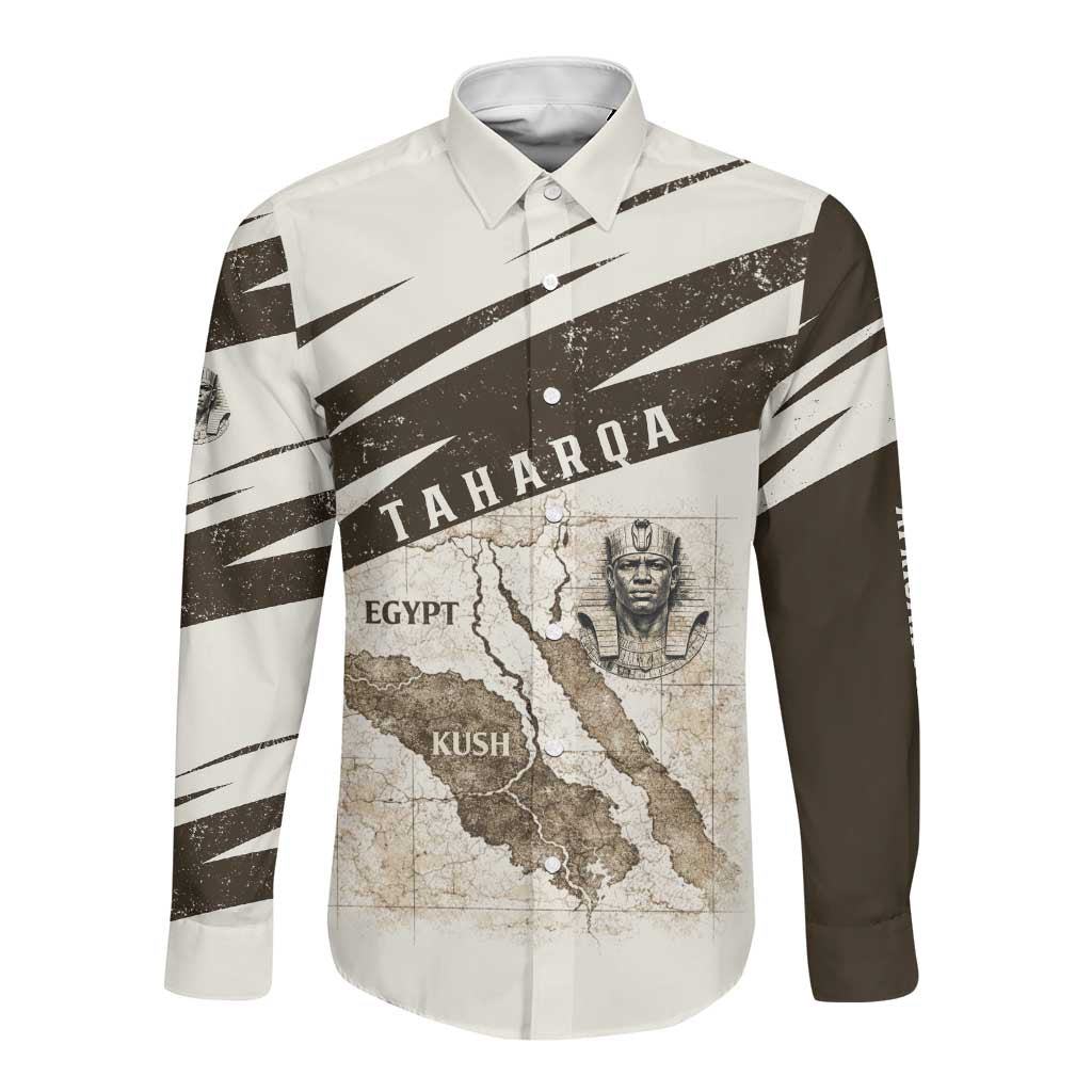 Taharqa Long Sleeve Button Shirt with Ancient Map Illustration, King of Two Lands Title and Kush Egypt Temple - African Pride