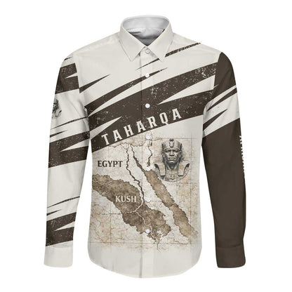 Taharqa Long Sleeve Button Shirt with Ancient Map Illustration, King of Two Lands Title and Kush Egypt Temple - African Pride
