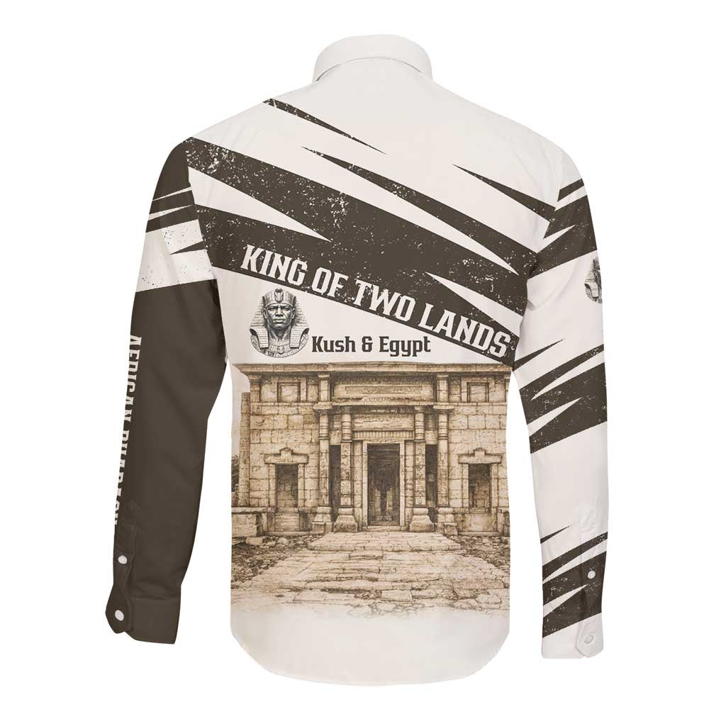 Taharqa Long Sleeve Button Shirt with Ancient Map Illustration, King of Two Lands Title and Kush Egypt Temple - African Pride