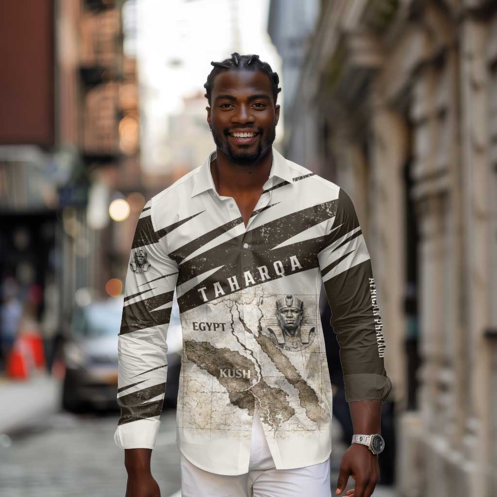 Taharqa Long Sleeve Button Shirt with Ancient Map Illustration, King of Two Lands Title and Kush Egypt Temple - African Pride