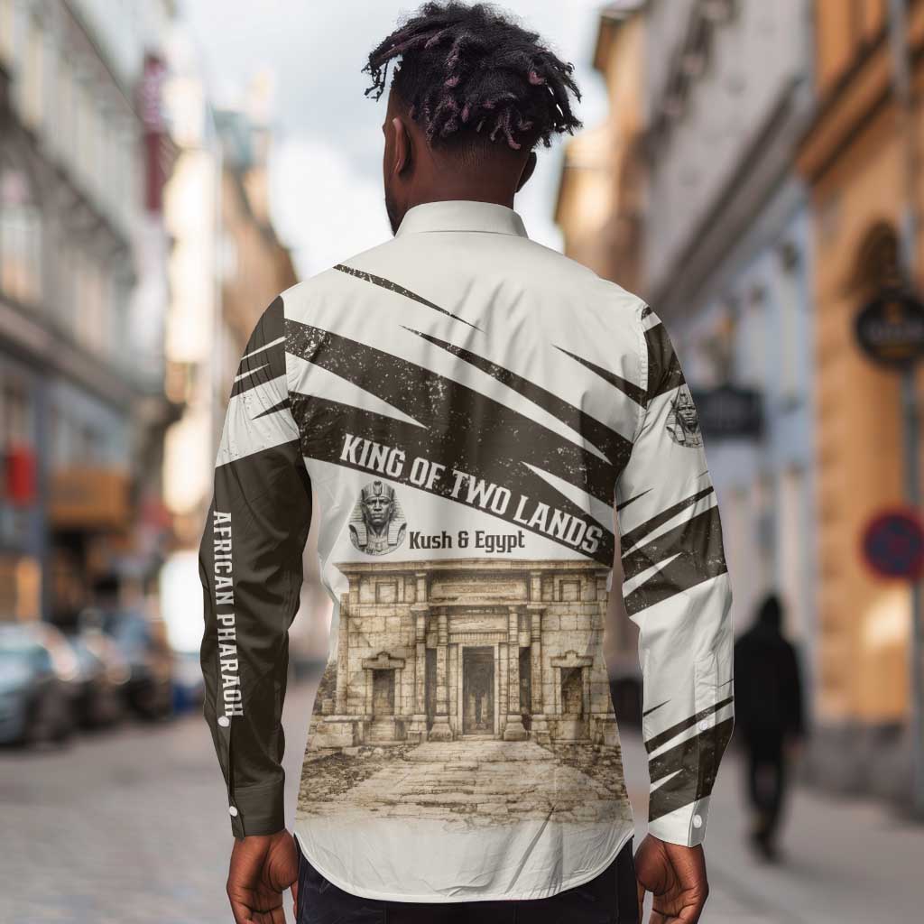 Taharqa Long Sleeve Button Shirt with Ancient Map Illustration, King of Two Lands Title and Kush Egypt Temple - African Pride