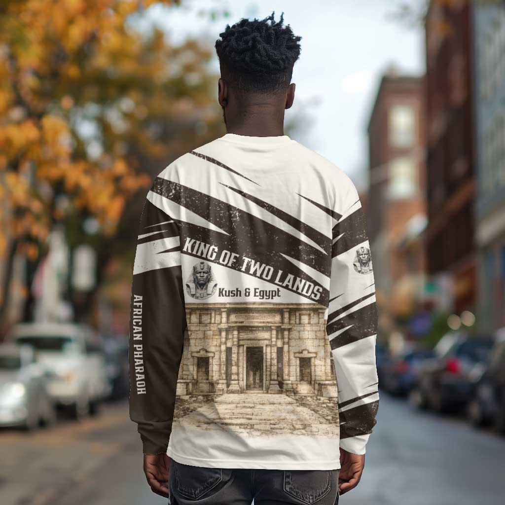 Taharqa Long Sleeve Shirt with Ancient Map Illustration, King of Two Lands Title and Kush Egypt Temple - African Pride